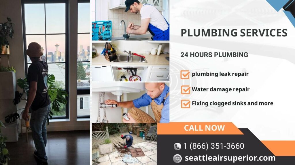 Comprehensive plumbing services banner featuring 24-hour plumbing, plumbing leak repair, water damage repair, and clogged sink solutions at SeattleAirSuperior.