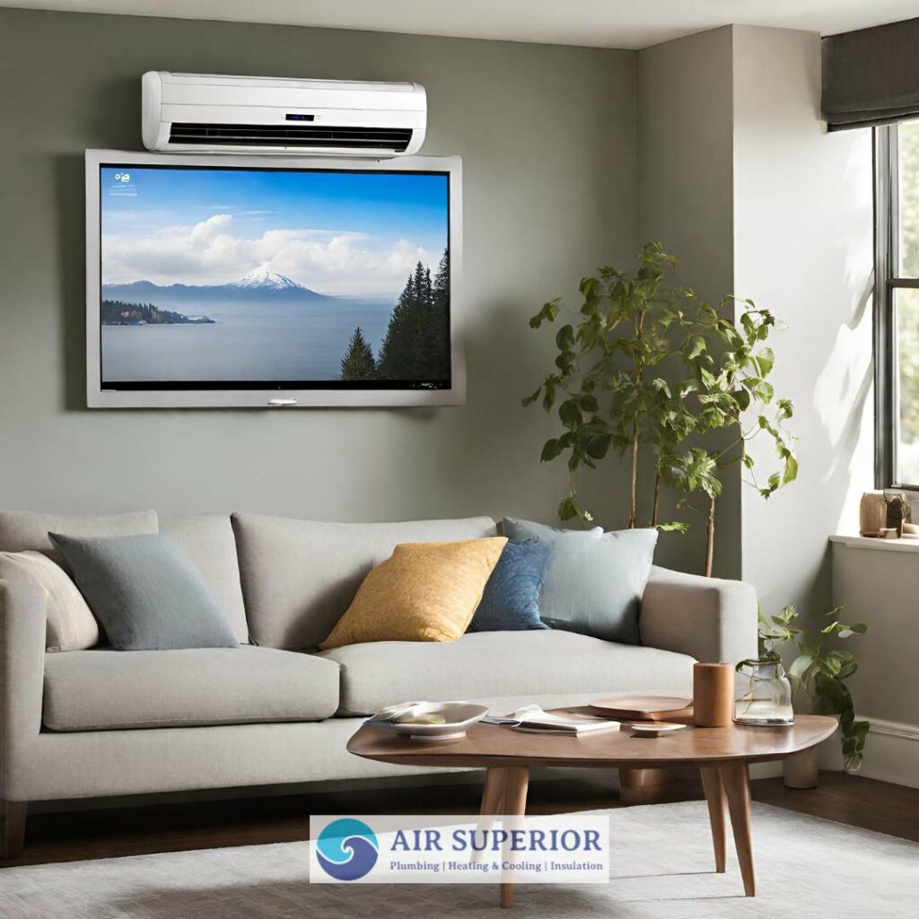 Modern sleek air conditioning unit with digital display showing Wi-Fi connectivity and energy efficiency features